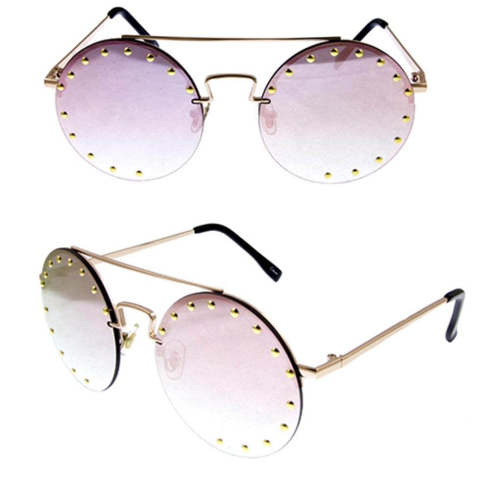 Rimless Circle Style Sunglasses w/MetalStud Detail